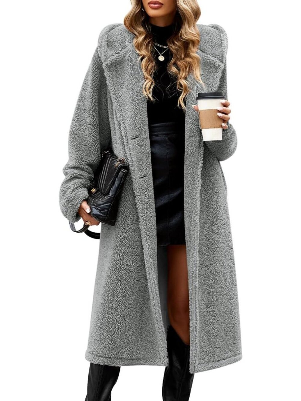 Cozy Women's Long Fleece Sherpa Hooded Jacket with Pockets - Warm & Stylish